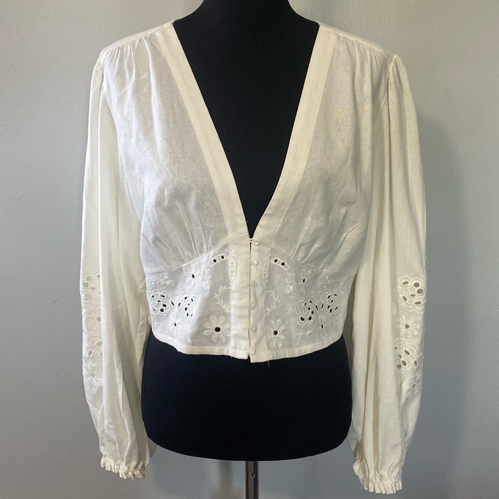 House of Harlow 1960 Linen Blend Eyelet Lace Blouse Boho Sz L NEW